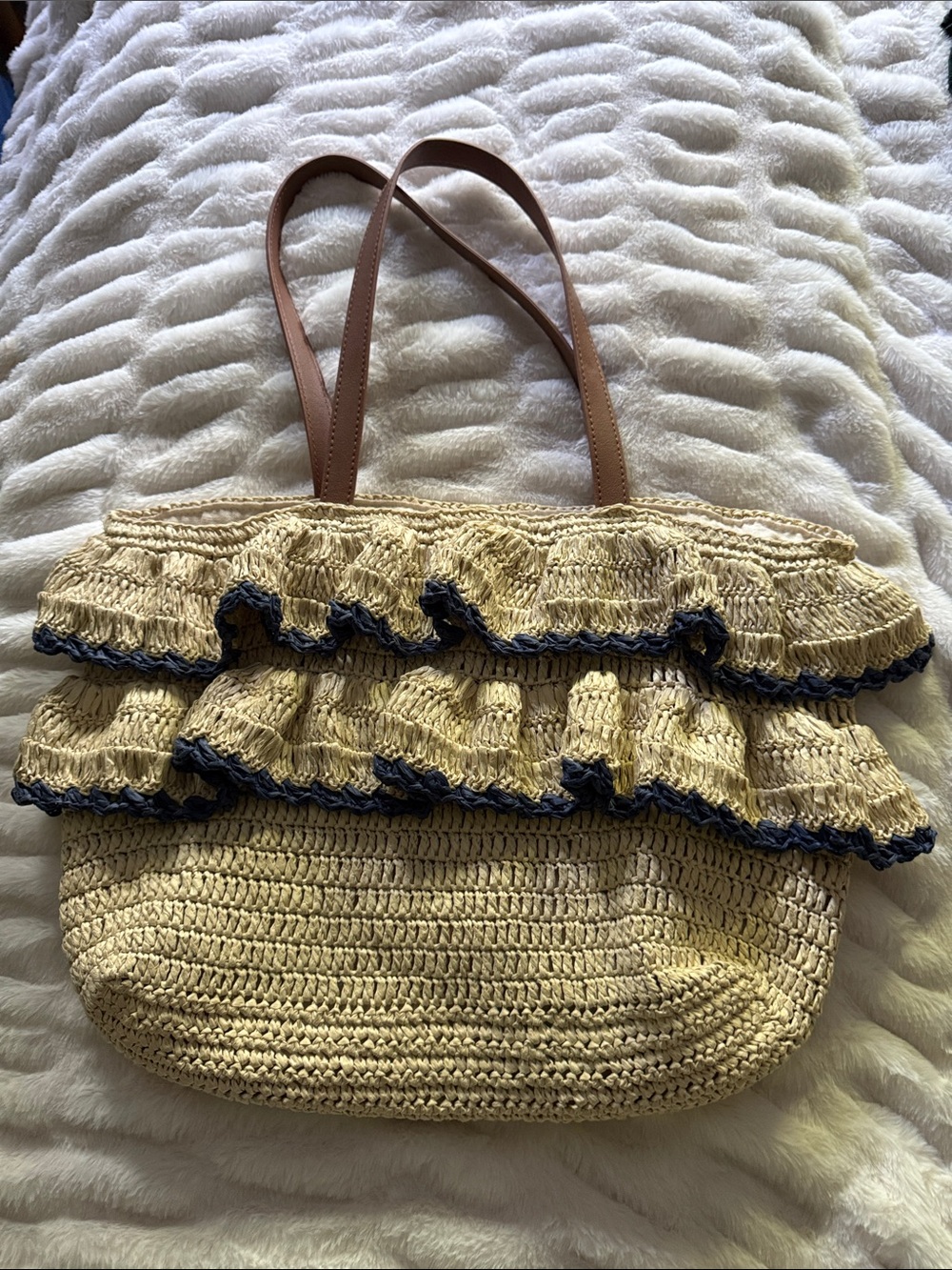 Haute Hippie Tan & Blue Straw Shoulder Bag Purse With Ruffles 17" x 12"